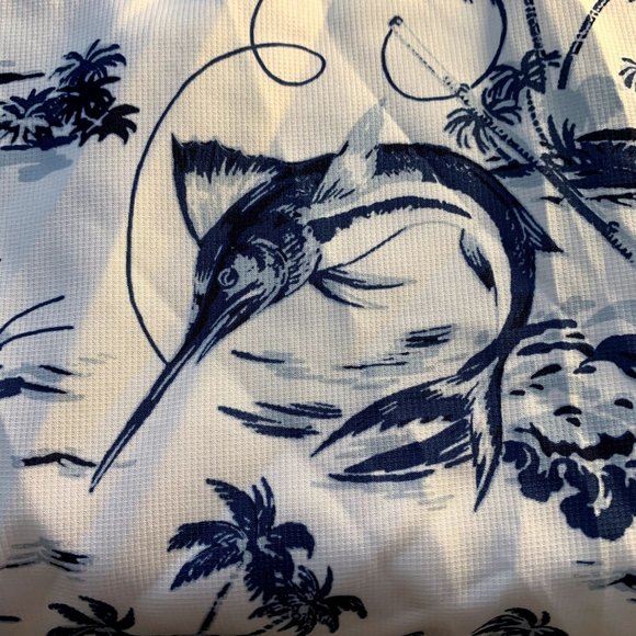 Chaps Shirt Mens XL White Blue Fish Print UPF50+ Hawaiian Fishing Button Down - Picture 2 of 11